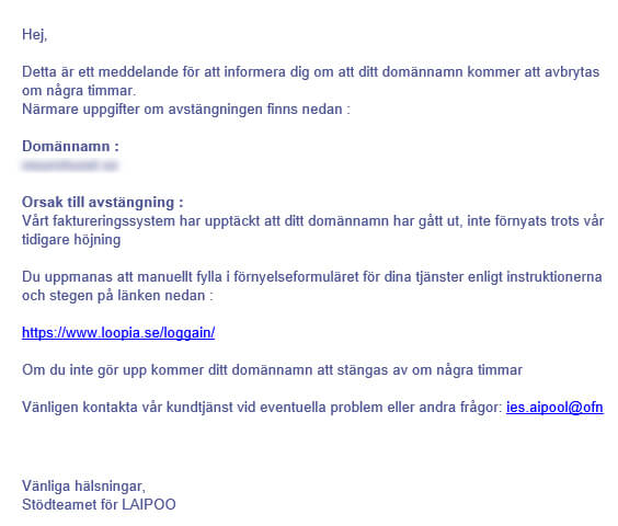 Phishing mail från Loopia