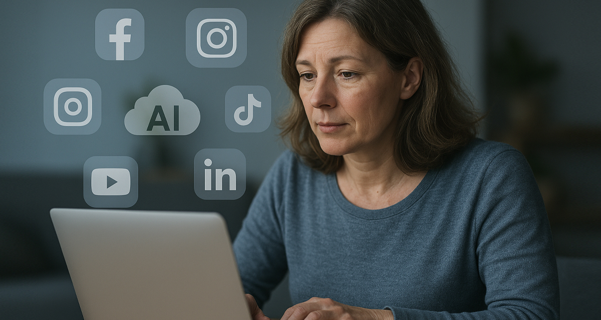 Kvinna framför dator med digitala ikoner som symboliserar samspelet mellan Google, AI och webben 2025.