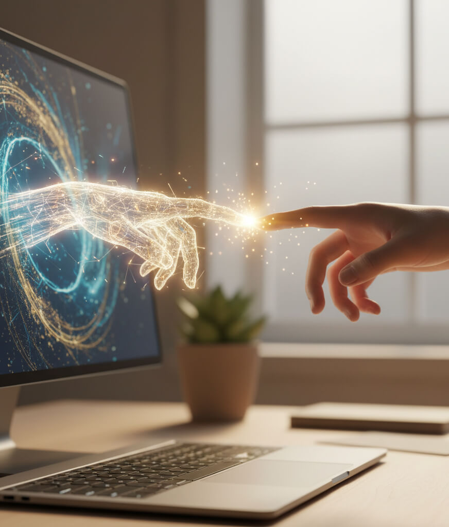 AI fingertoppskansla bmn En artificiell hand sträcks ut från skärm och möter människohand