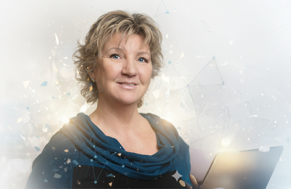 Ann Tavelin mobilebanner Ann Tavelin håller i laptop