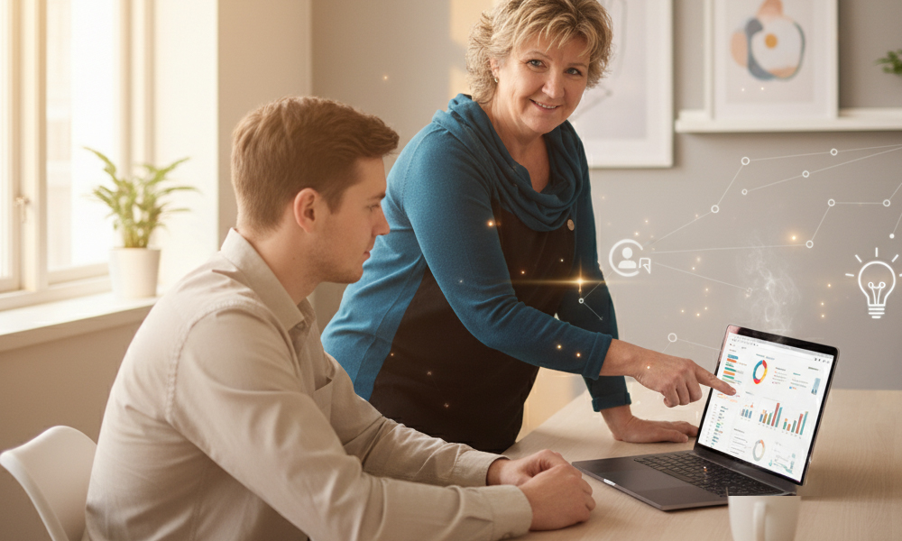 Utbildning stod bmn Ann Tavelin utbildar kund vid dator