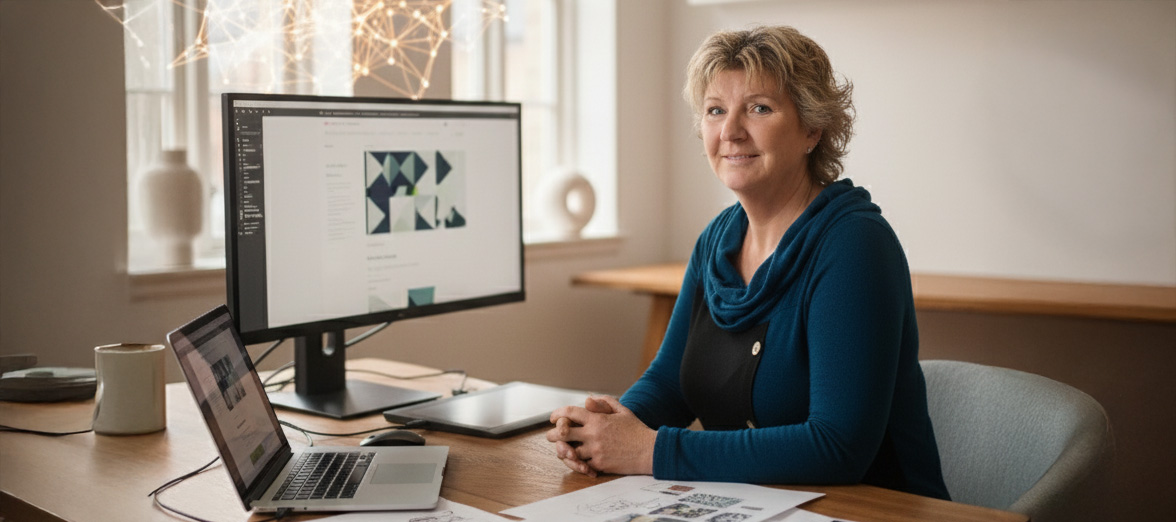 Ann Tavelin sitter vid kontorsbordet bakom dataskärmar