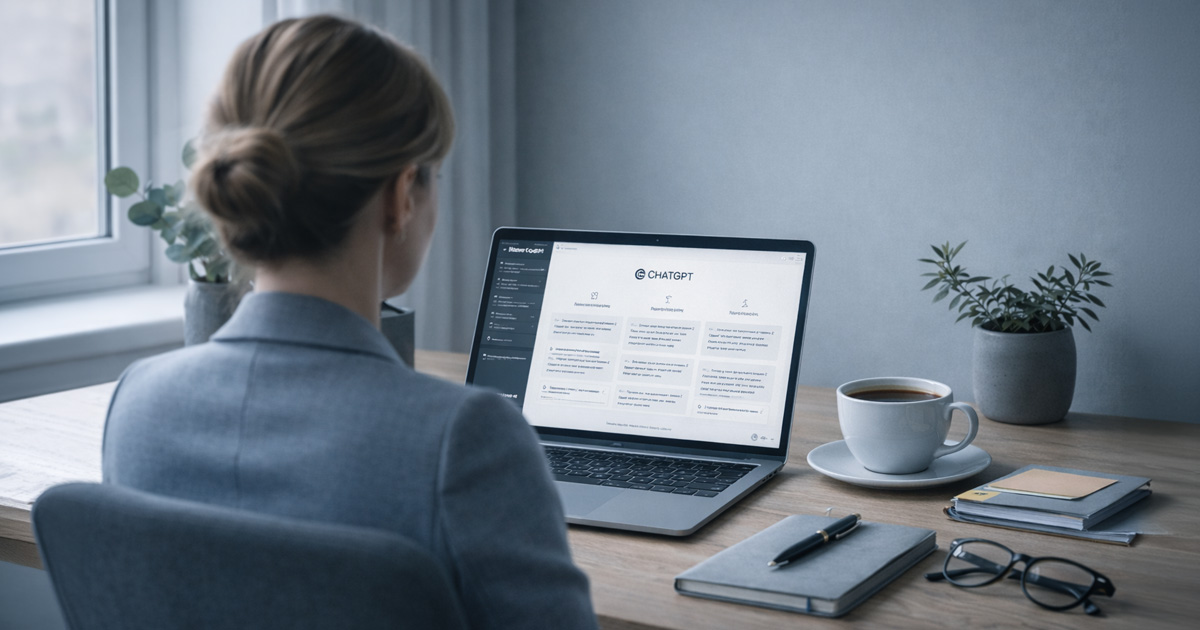 Kvinna framför dataskärm med Chat GPT